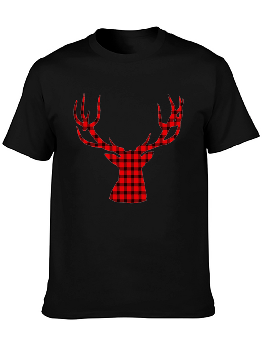 Red Plaid Deer Graphic Black T-Shirt