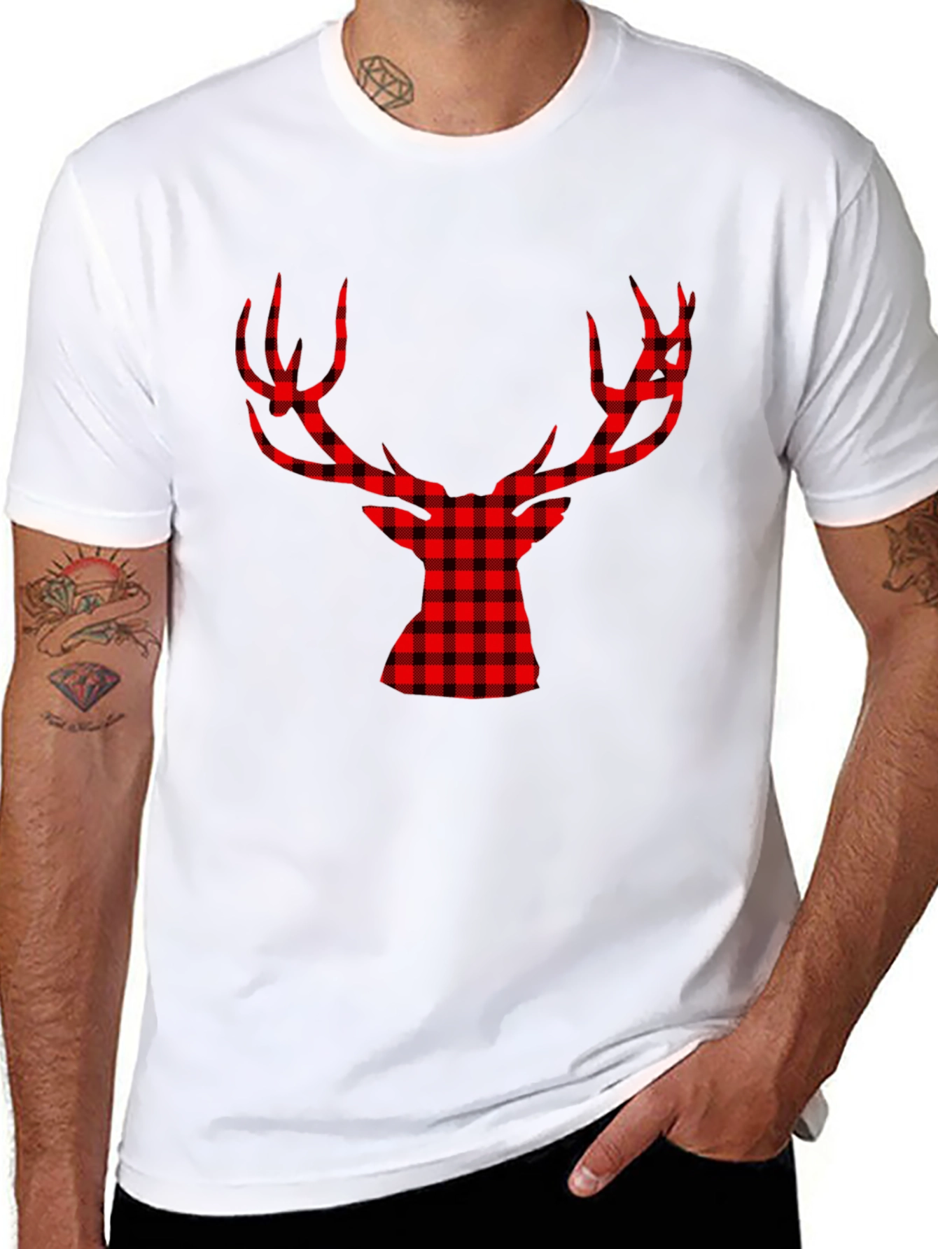 Red Plaid Deer Graphic Black T-Shirt