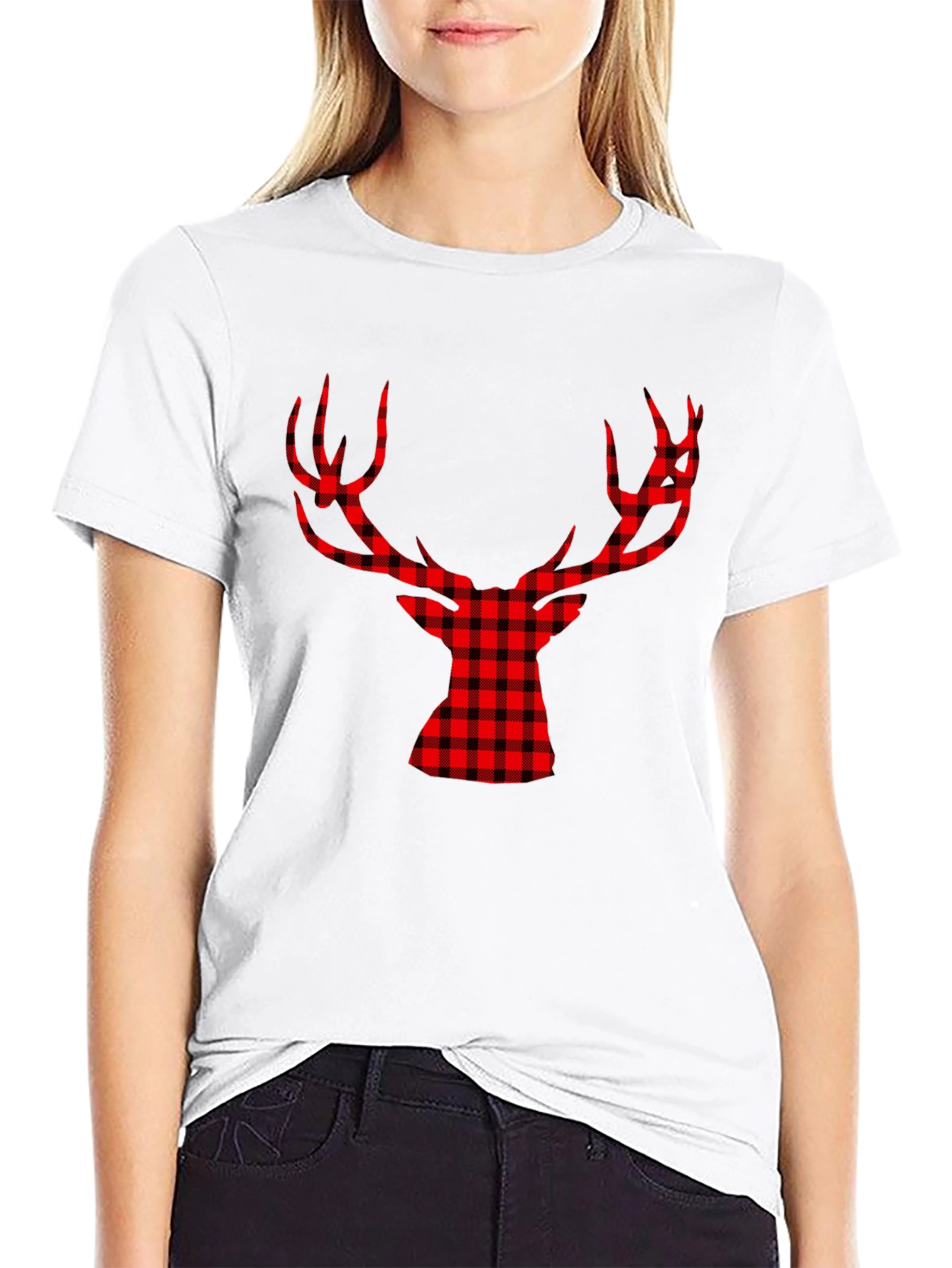 Red Plaid Deer Graphic Black T-Shirt