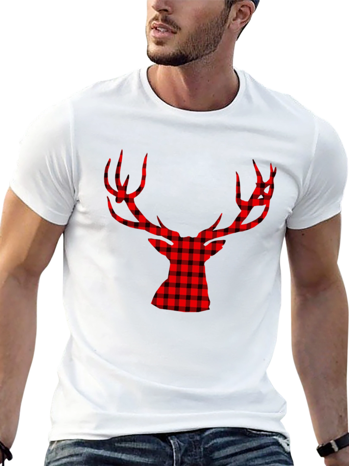 Red Plaid Deer Graphic Black T-Shirt