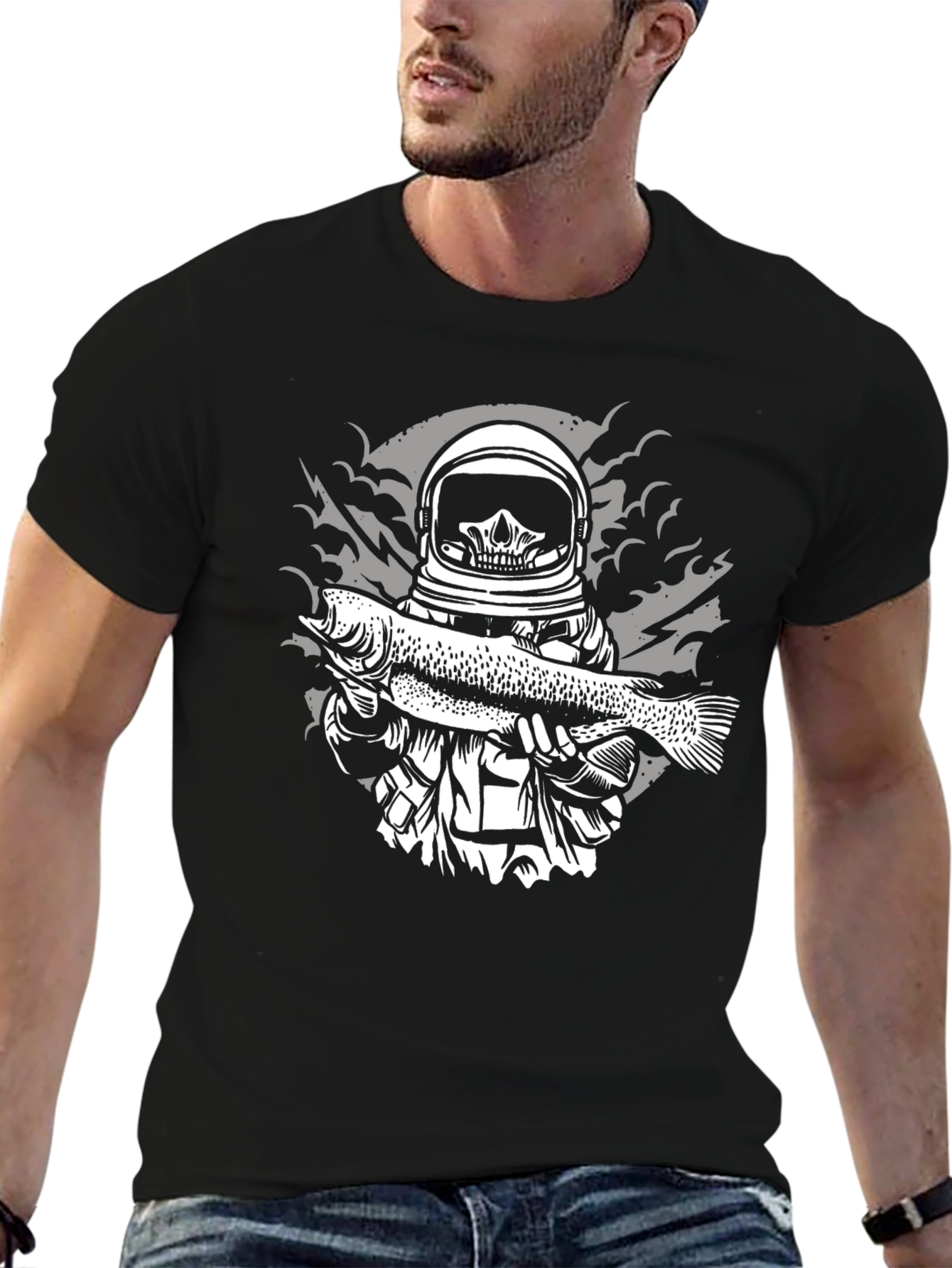 Astronaut Skeleton Holding Fish Graphic T-Shirt