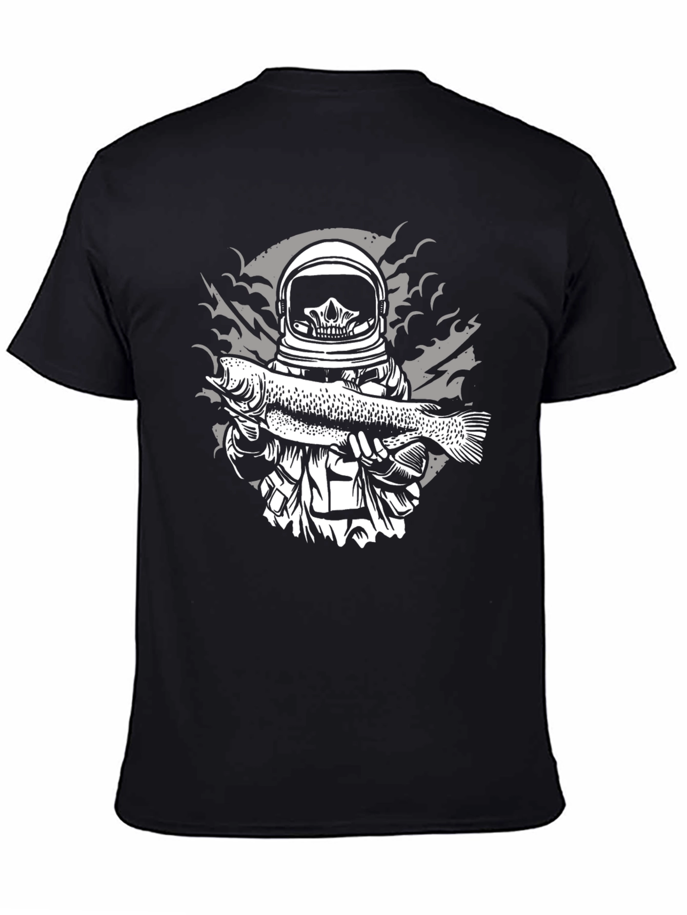 Astronaut Skeleton Holding Fish Graphic T-Shirt
