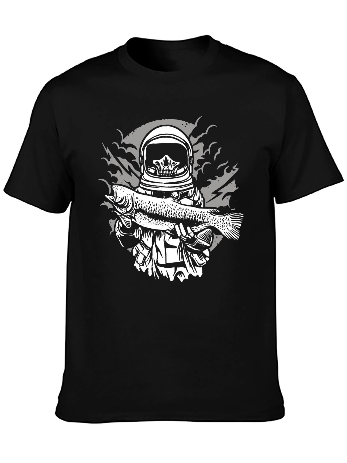 Astronaut Skeleton Holding Fish Graphic T-Shirt