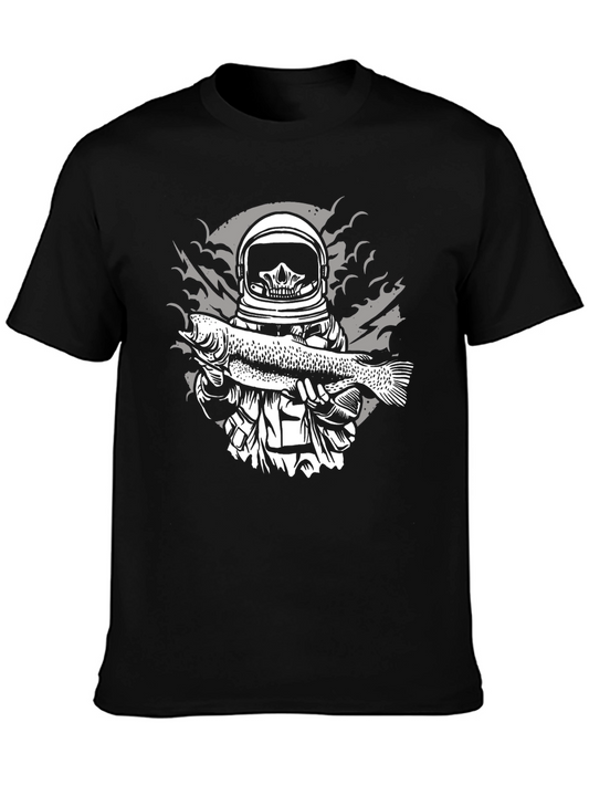 Astronaut Skeleton Holding Fish Graphic T-Shirt