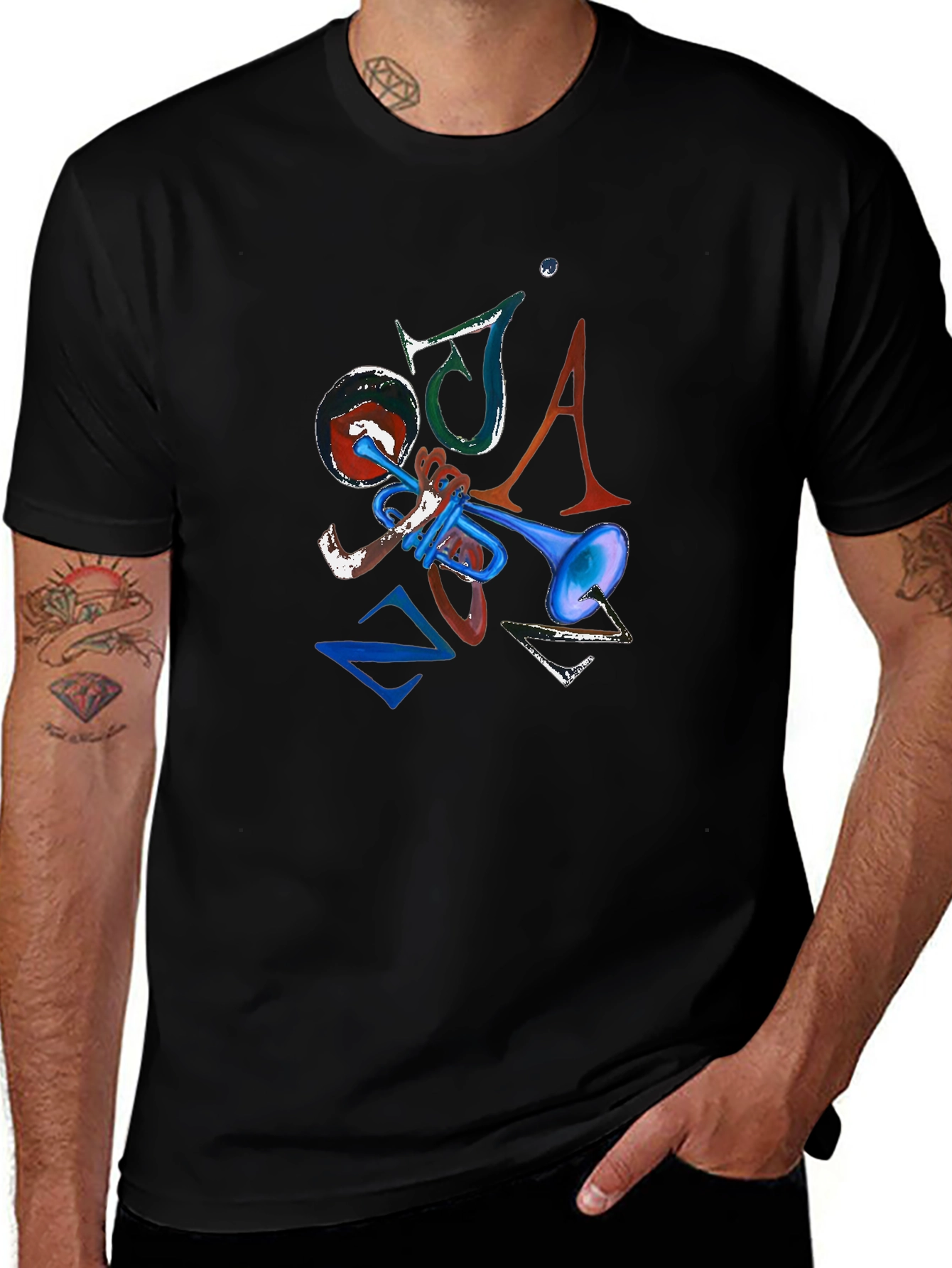 Jazz Inspired Graphic Tee - Blue Trumpet Design