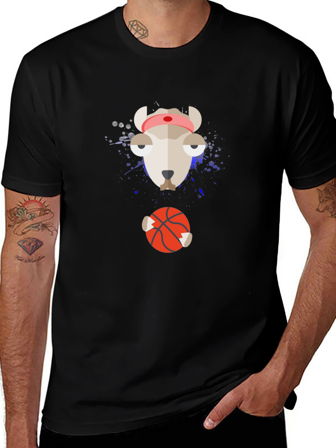 Funny Animal Basketball Graphic Tee - Black Cotton Shirt