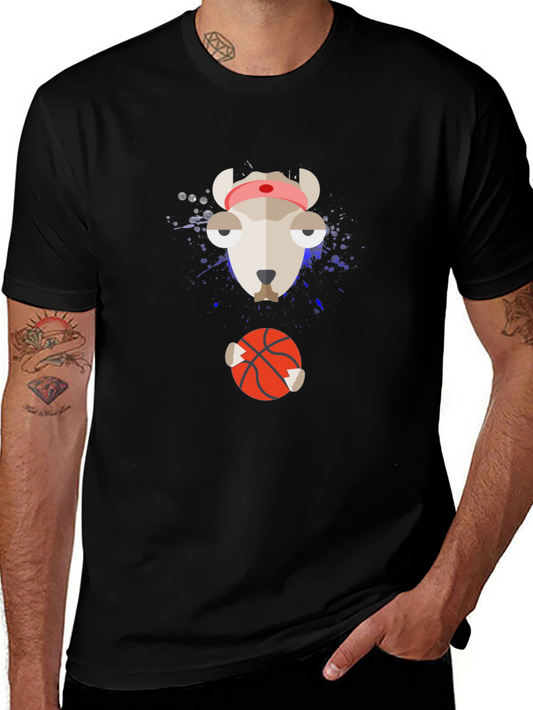 Funny Animal Basketball Graphic Tee - Black Cotton Shirt