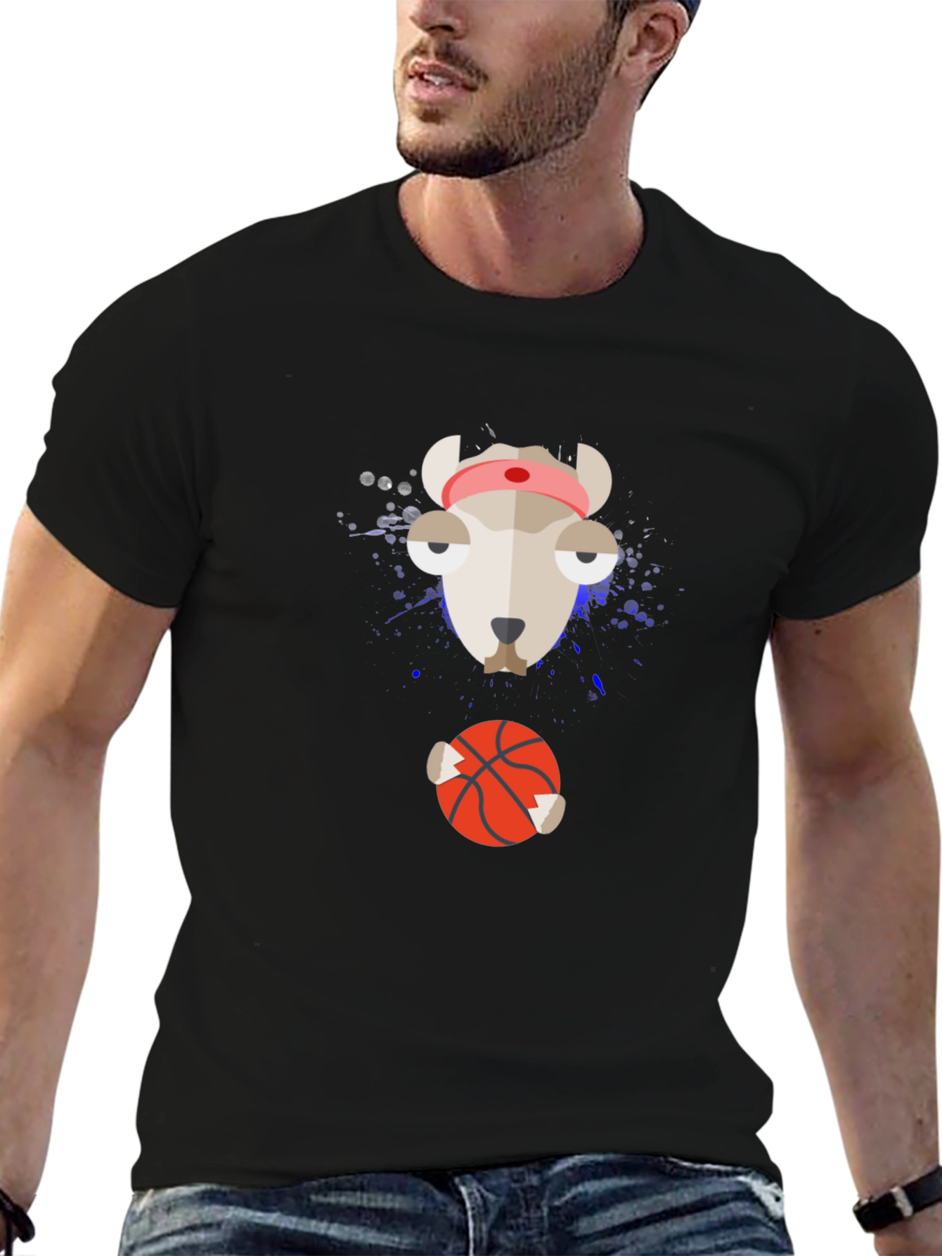 Funny Animal Basketball Graphic Tee - Black Cotton Shirt