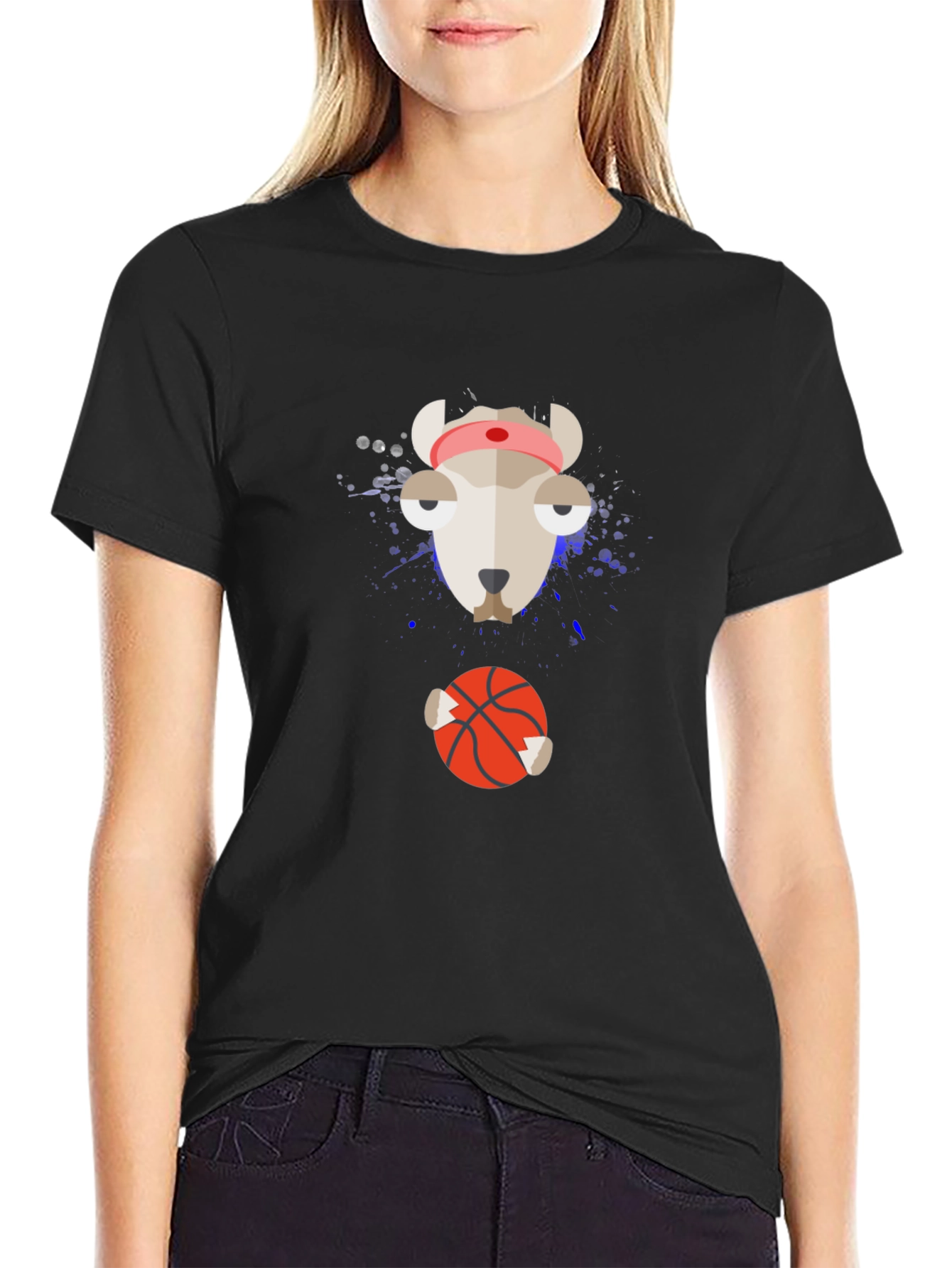 Funny Animal Basketball Graphic Tee - Black Cotton Shirt