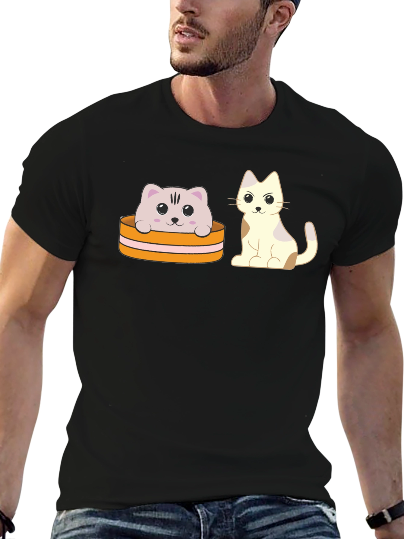 Cute Cartoon Cat T-Shirt - Unisex Black Tee