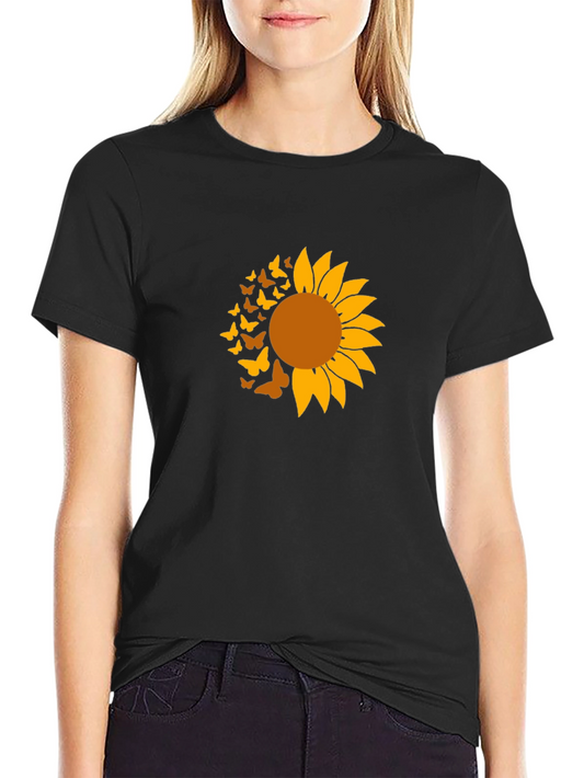 Sunflower Butterfly Graphic Tee - Black Cotton Shirt
