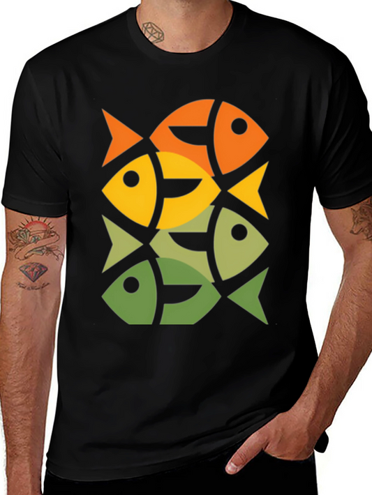 Geometric Fish Pattern Graphic Tee - Modern Style