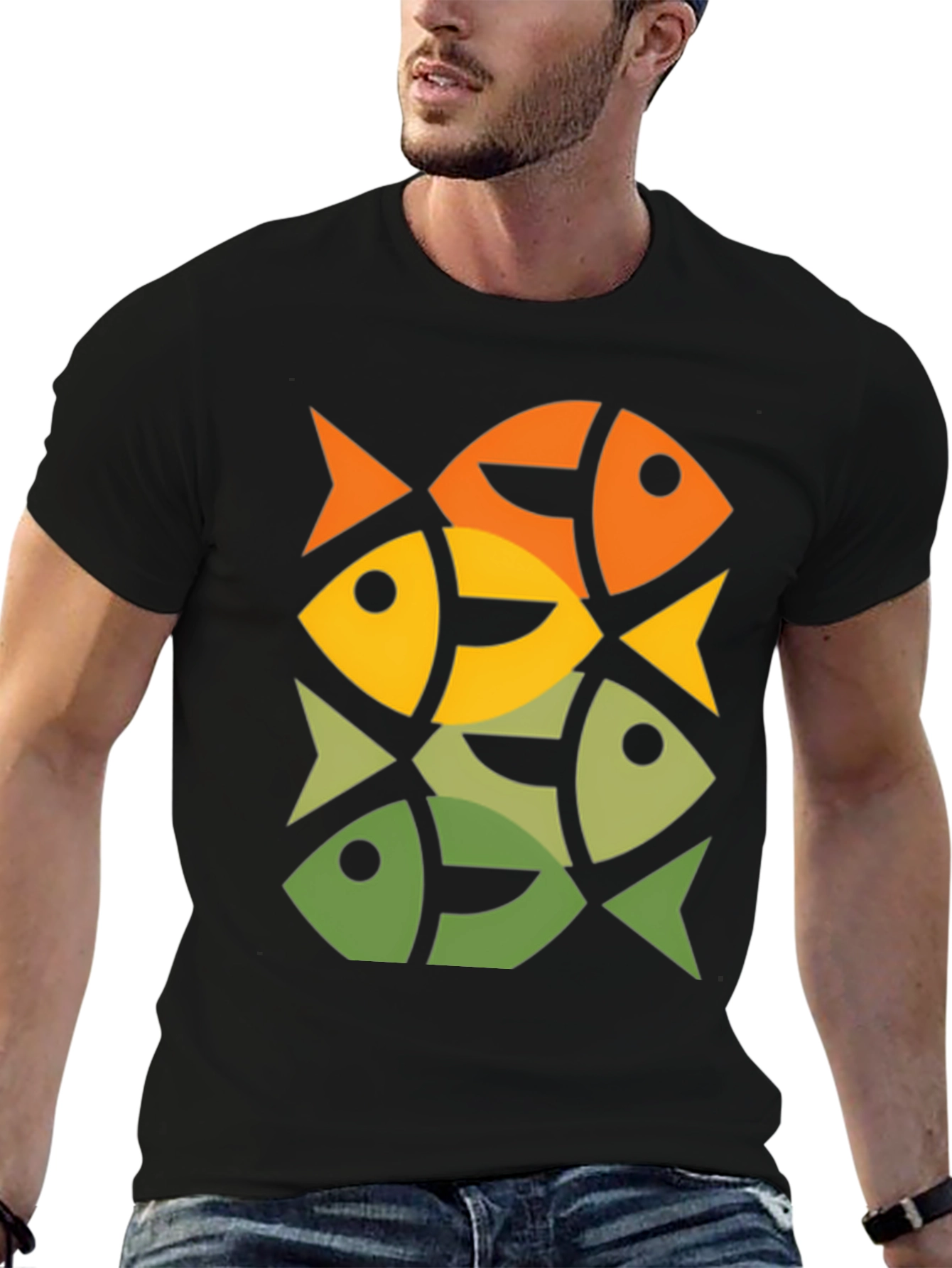 Geometric Fish Pattern Graphic Tee - Modern Style