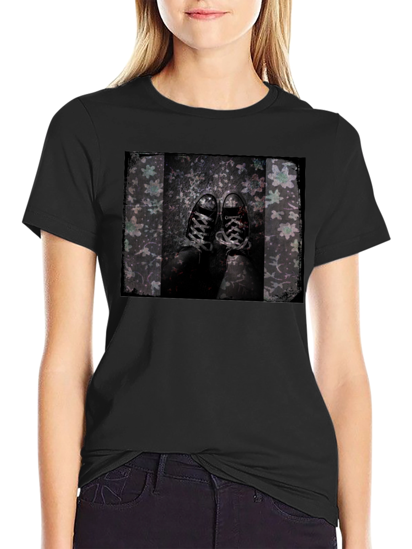 Grunge Shoe Print Black T-Shirt