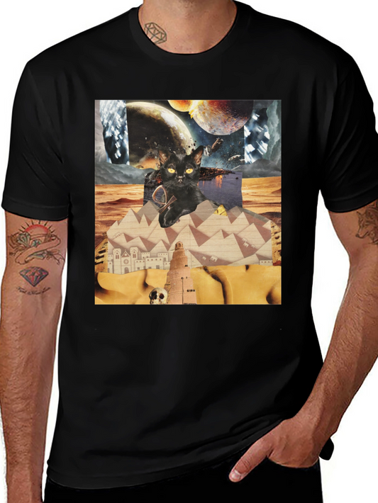 Surreal Cat Graphic Tee - Black Cotton Shirt
