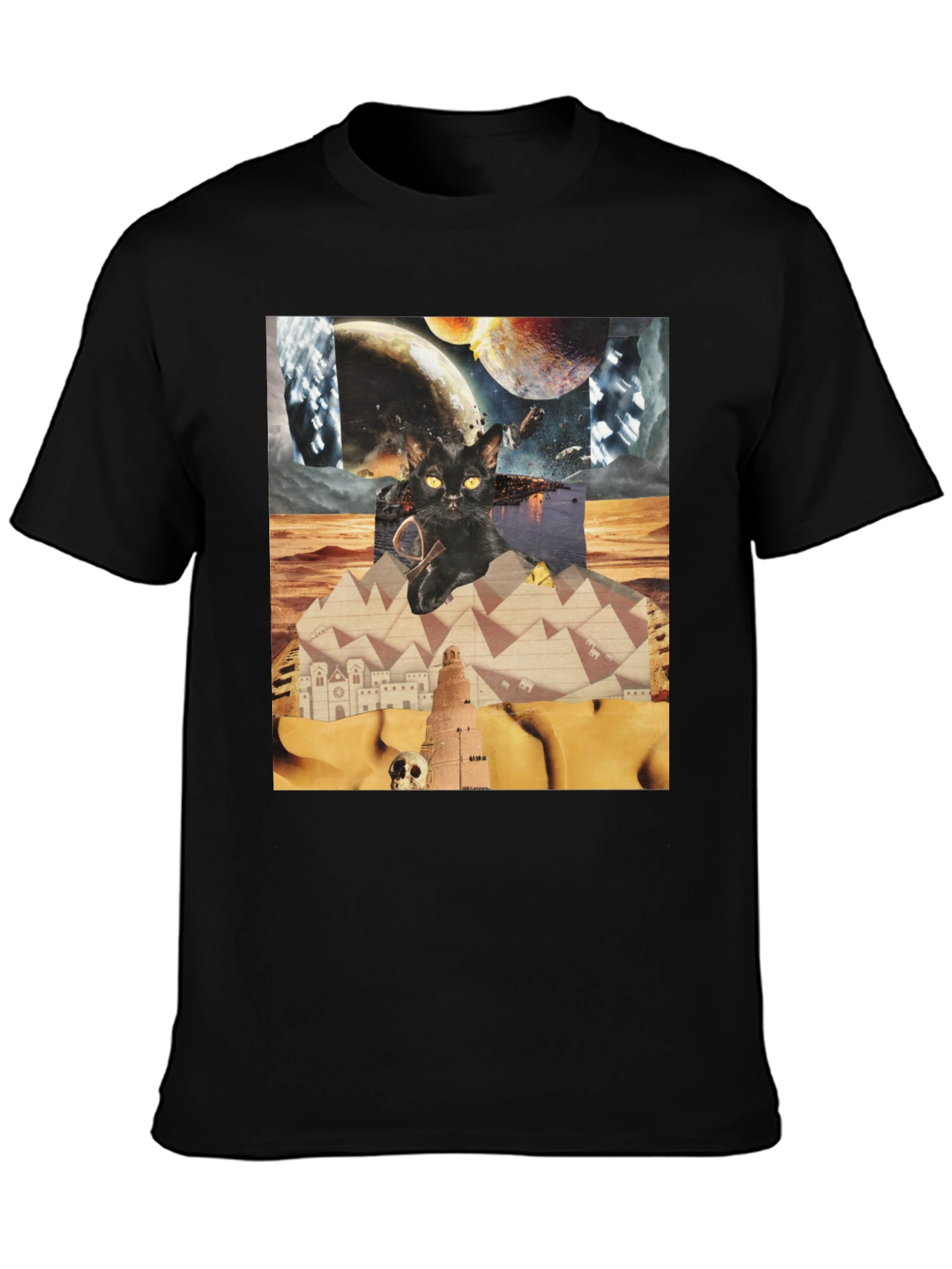 Surreal Cat Graphic Tee - Black Cotton Shirt