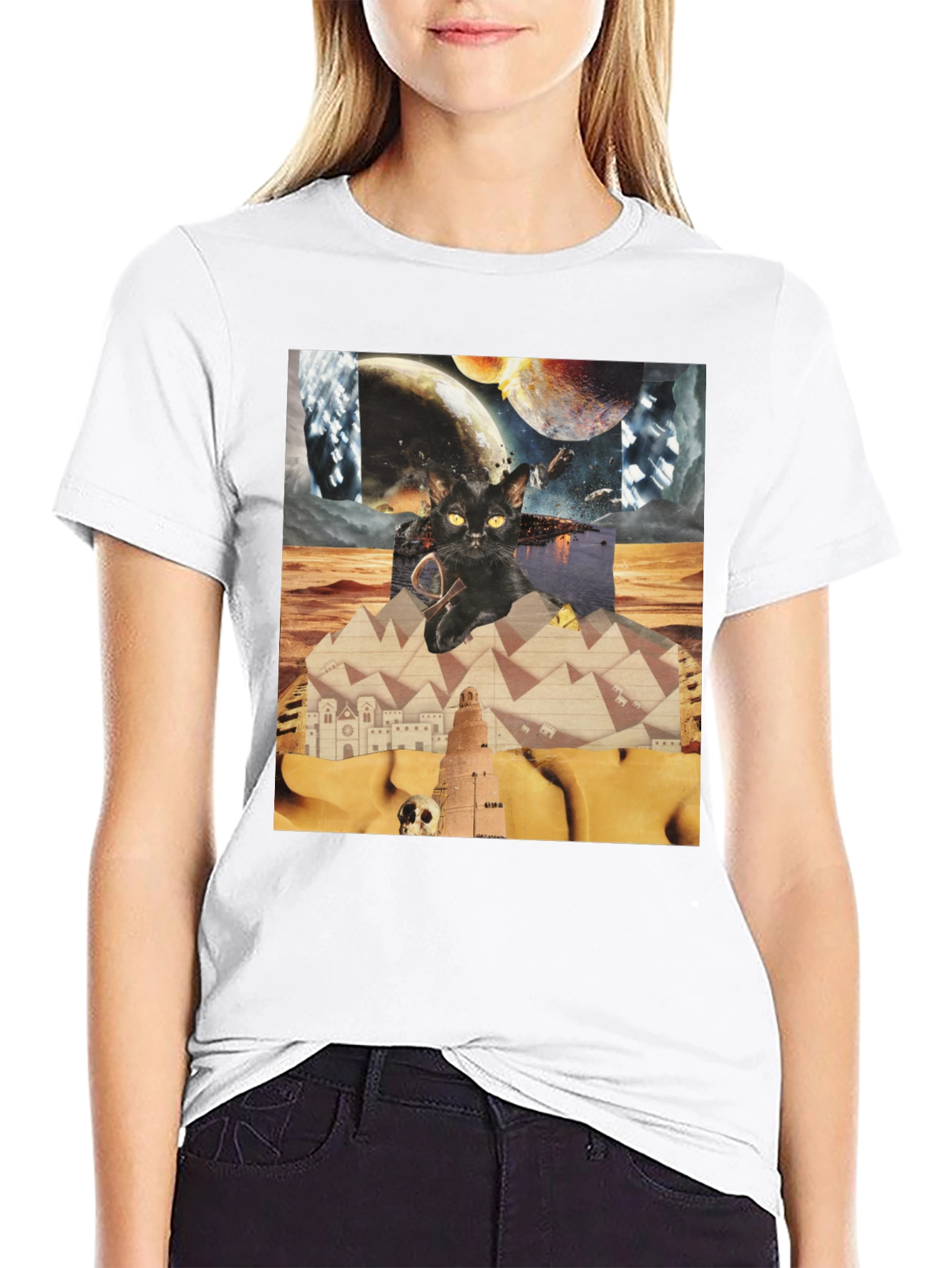 Surreal Cat Graphic Tee - Black Cotton Shirt