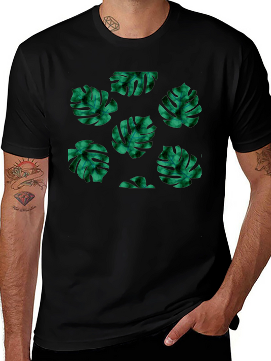 Tropical Leaf Pattern Black T-Shirt