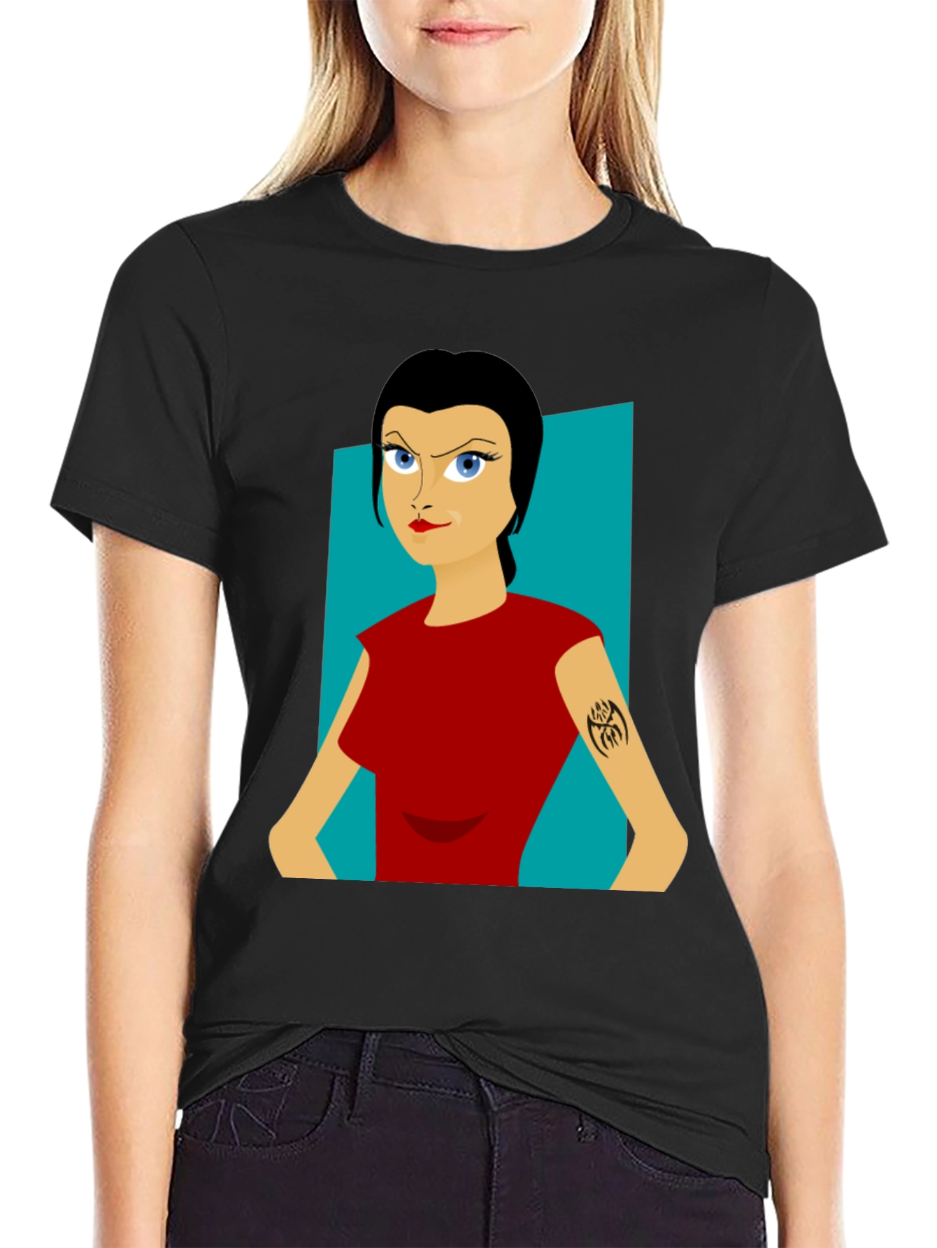 Cartoon Woman Graphic Tee - Black
