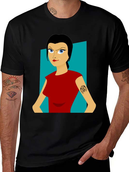 Cartoon Woman Graphic Tee - Black