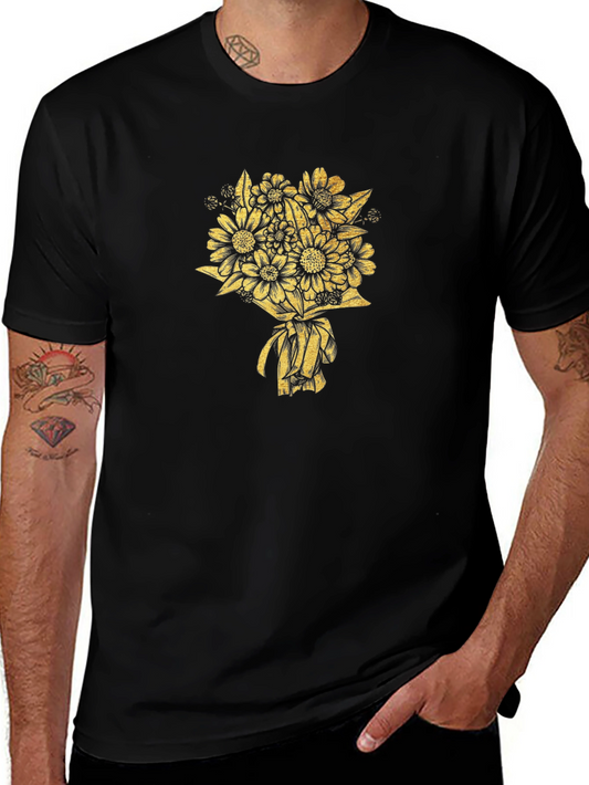 Floral Bouquet Graphic Tee - Black Cotton Casual Top