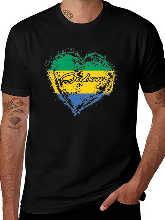 Gabon Flag Heart T-Shirt Black Crew Neck