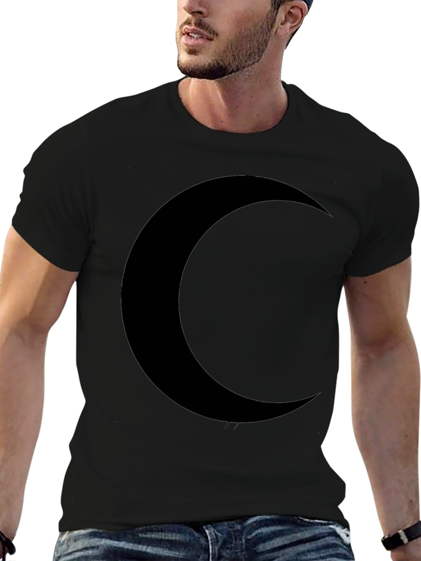 Crescent Moon Graphic Tee - Black Cotton Casual Shirt