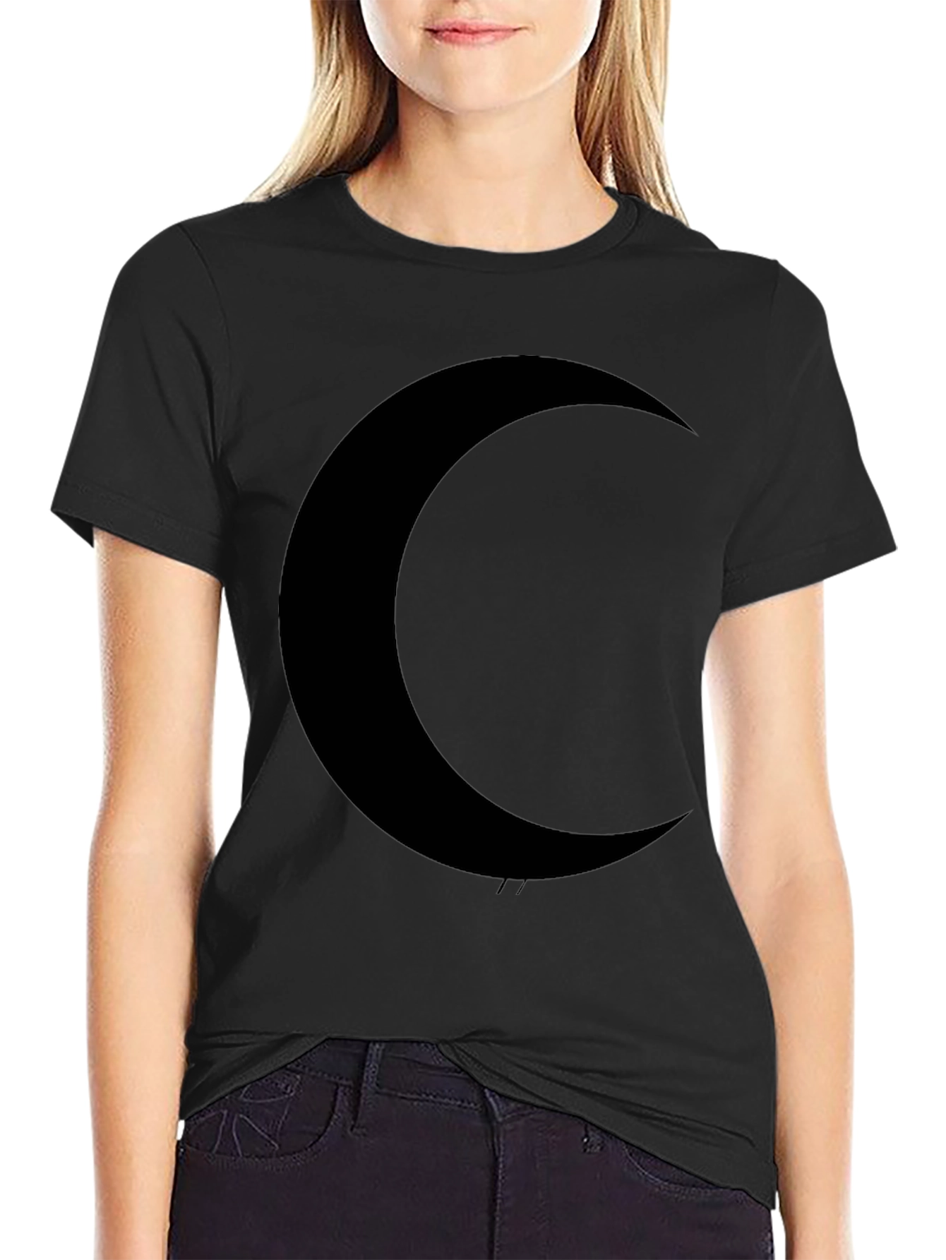 Crescent Moon Graphic Tee - Black Cotton Casual Shirt