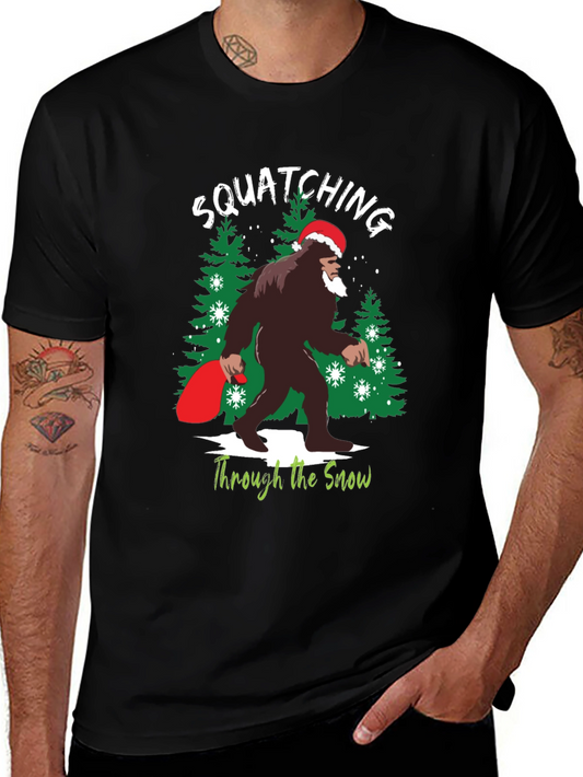 Squatching Through the Snow Bigfoot Christmas T-Shirt