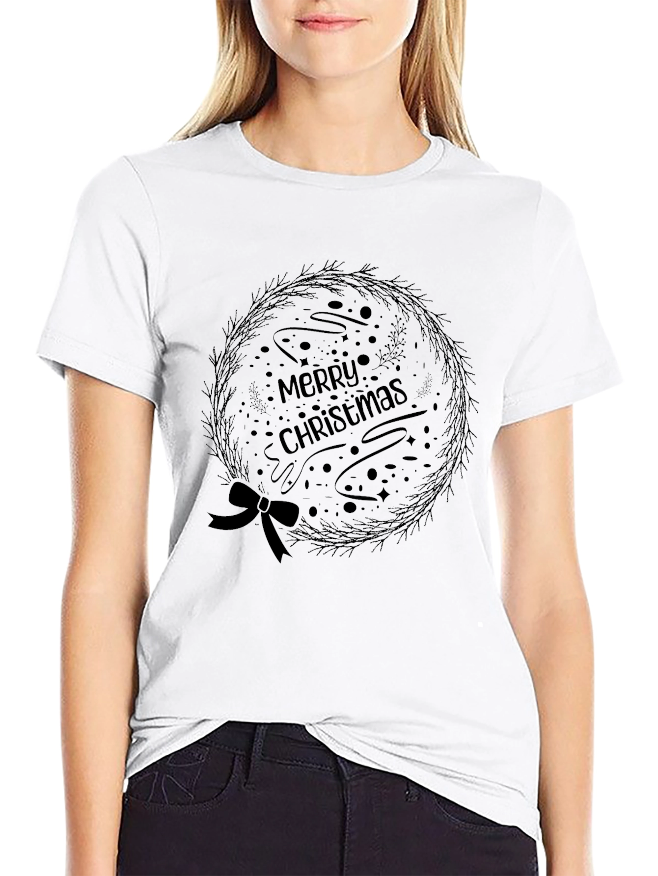 Merry Christmas Wreath Graphic Tee - Black Holiday Shirt