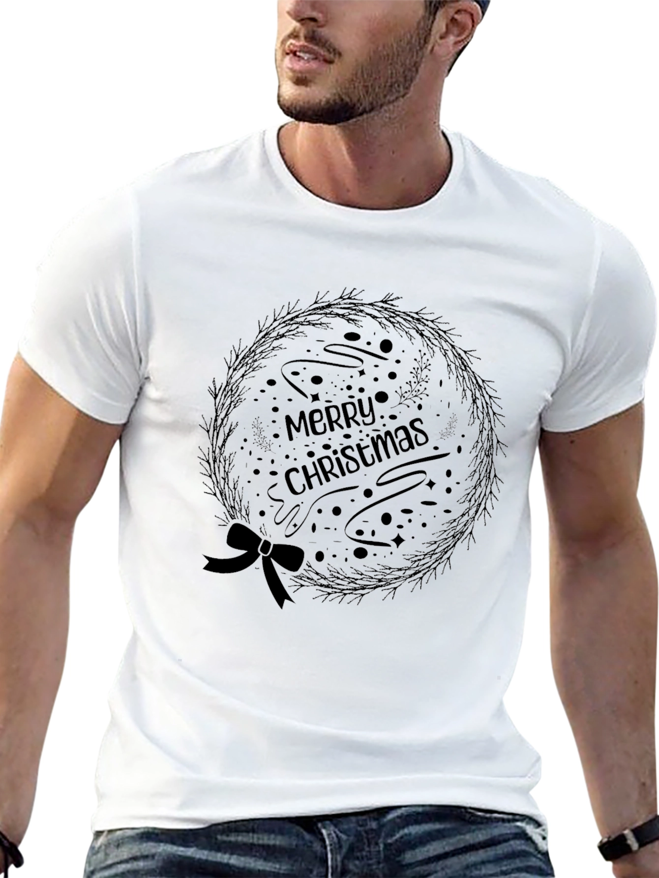 Merry Christmas Wreath Graphic Tee - Black Holiday Shirt