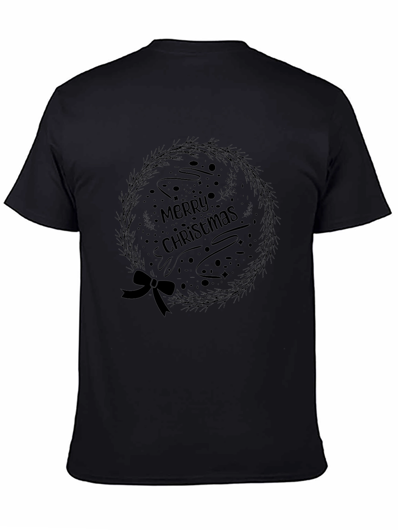 Merry Christmas Wreath Graphic Tee - Black Holiday Shirt