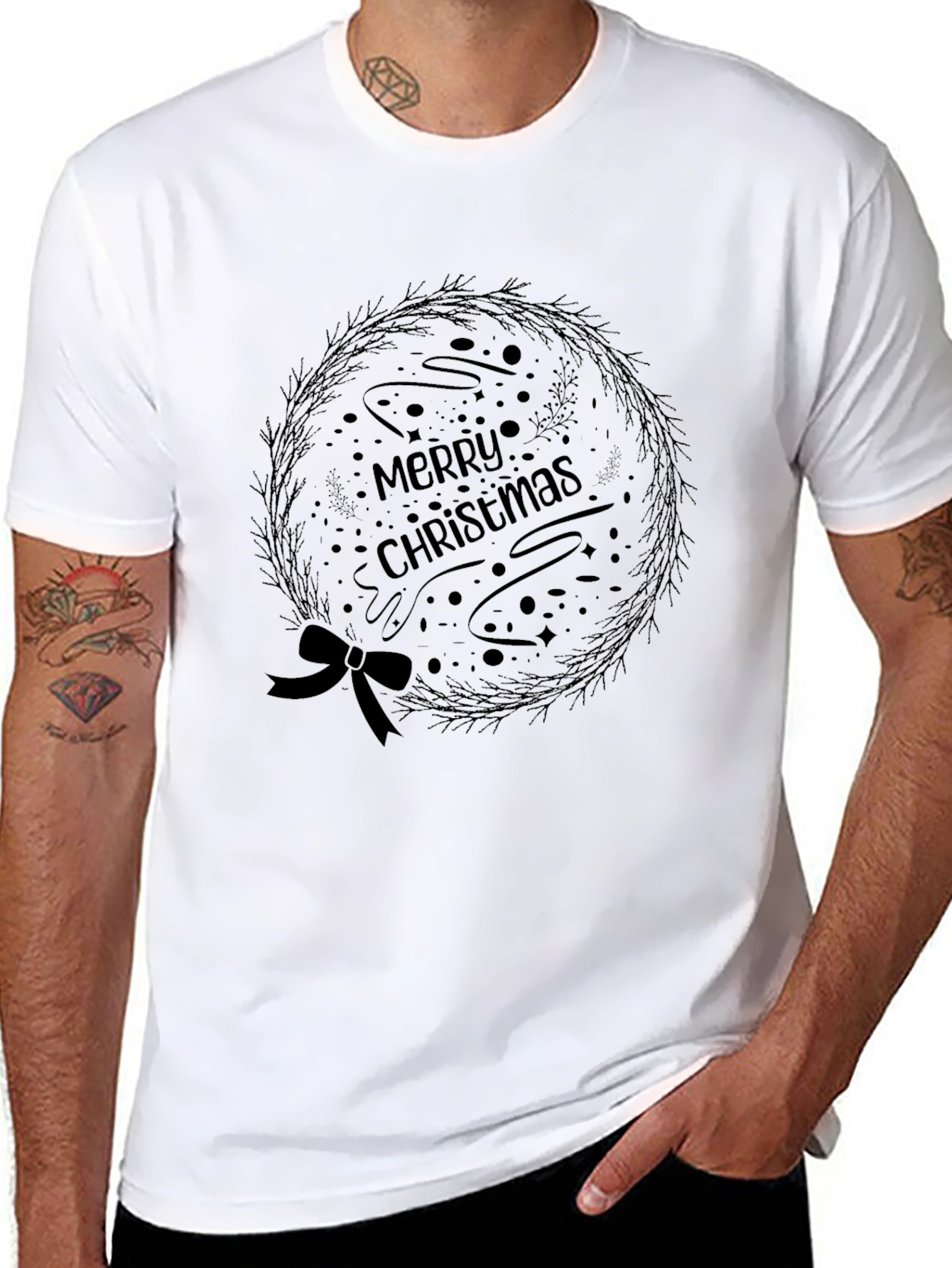 Merry Christmas Wreath Graphic Tee - Black Holiday Shirt