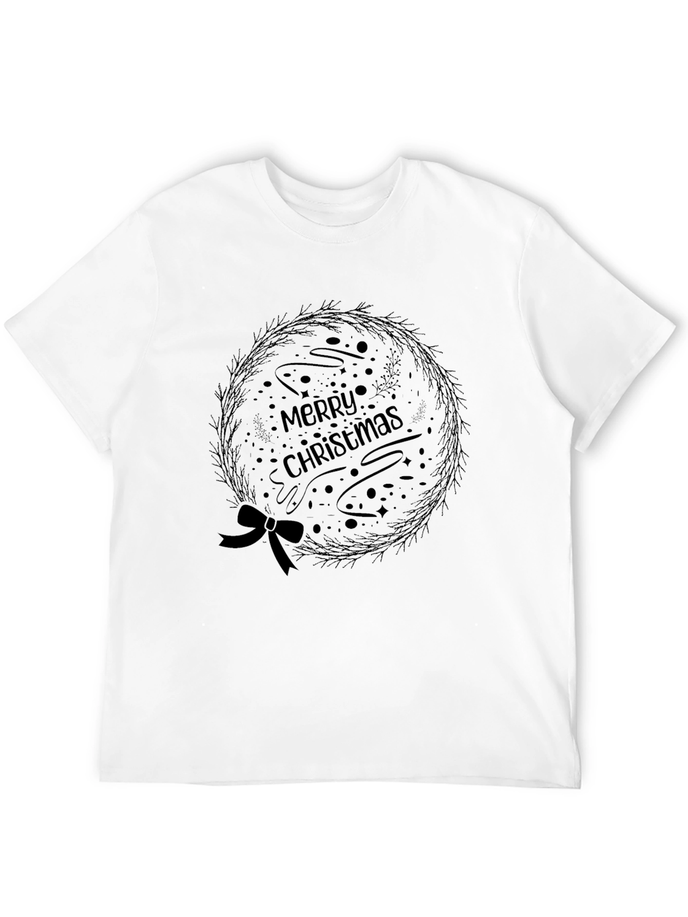 Merry Christmas Wreath Graphic Tee - Black Holiday Shirt