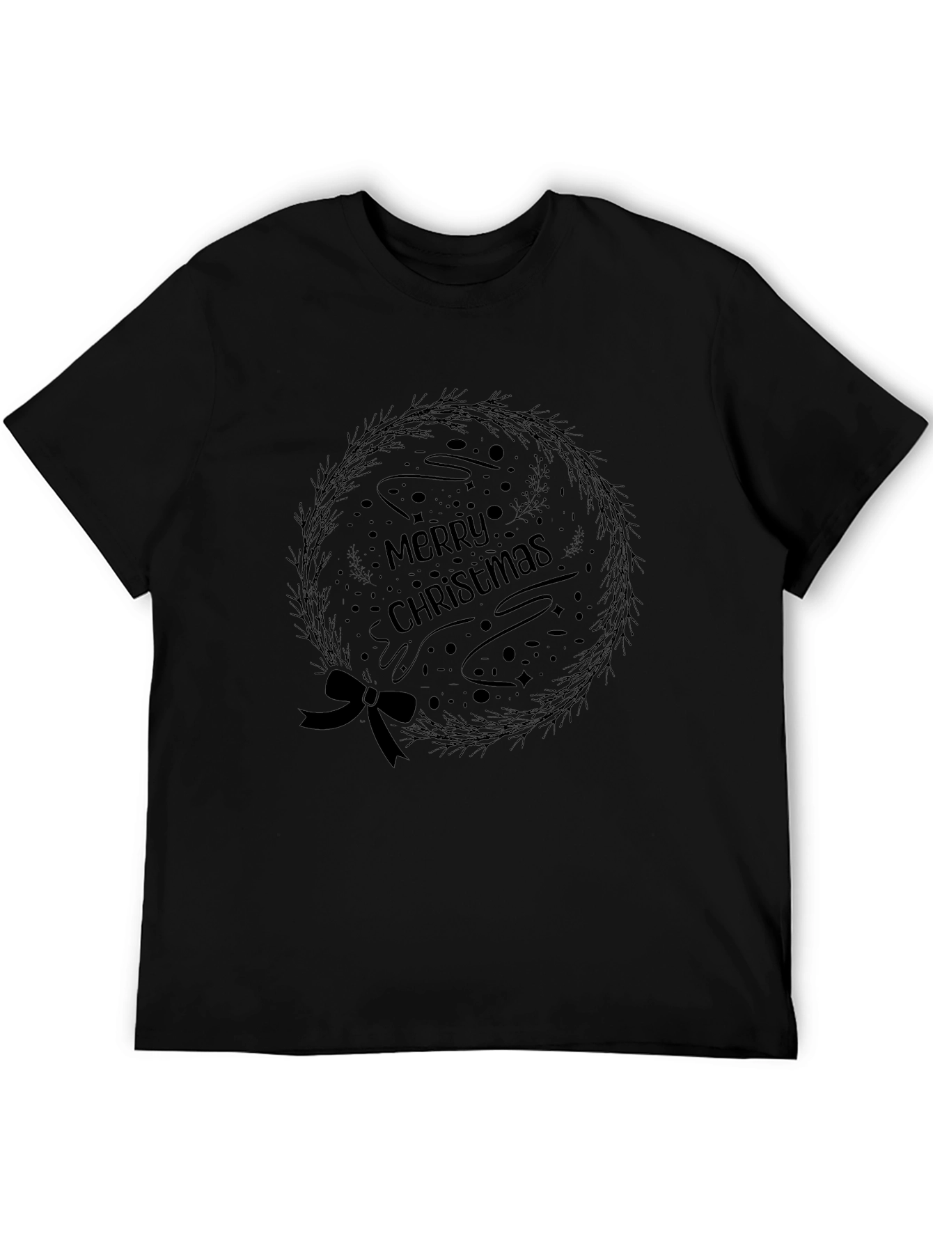 Merry Christmas Wreath Graphic Tee - Black Holiday Shirt