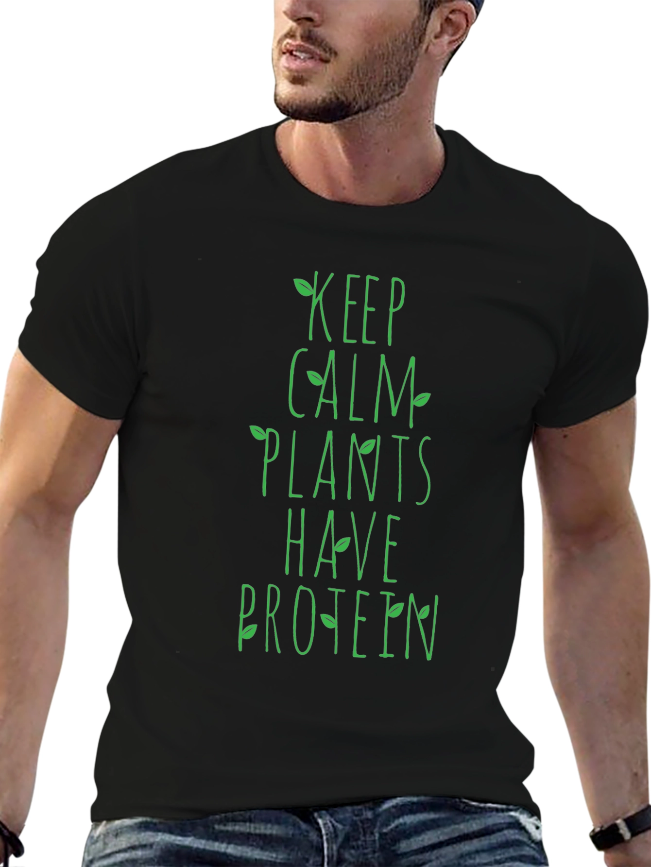 Keep Calm Plants Have Protein Black T-Shirt