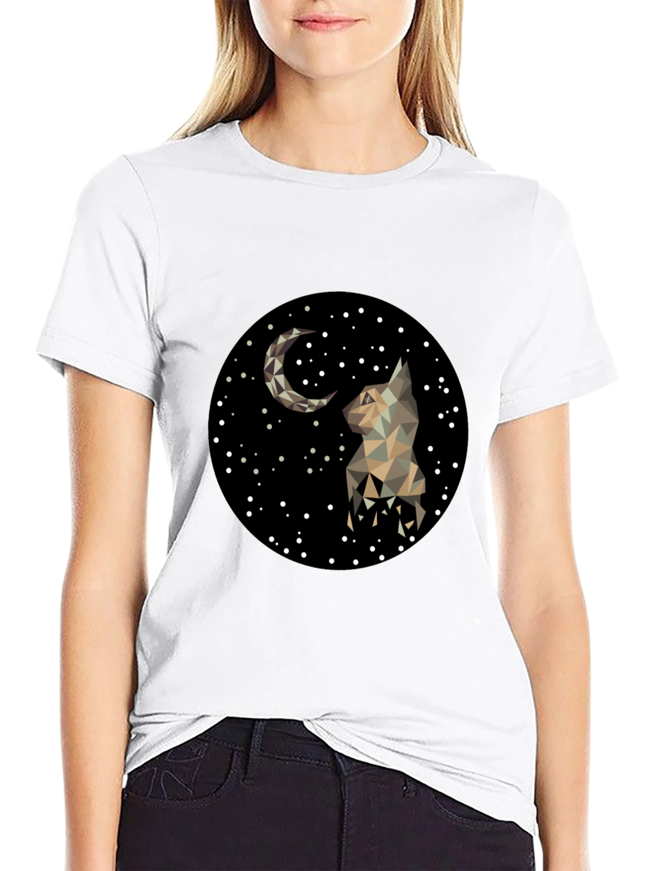 Geometric Cat & Moon Graphic Black T-Shirt