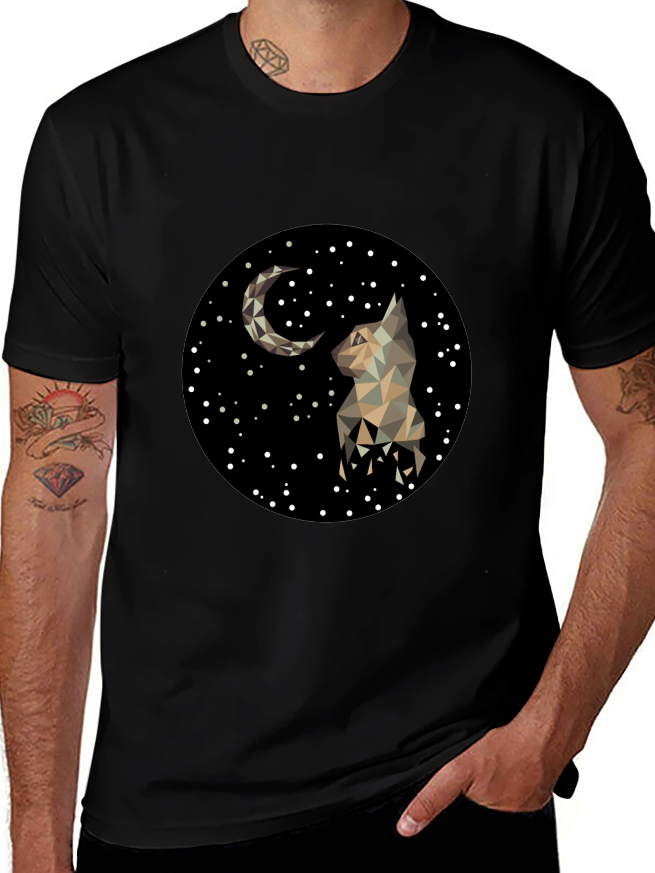 Geometric Cat & Moon Graphic Black T-Shirt