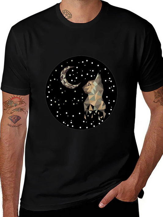 Geometric Cat & Moon Graphic Black T-Shirt