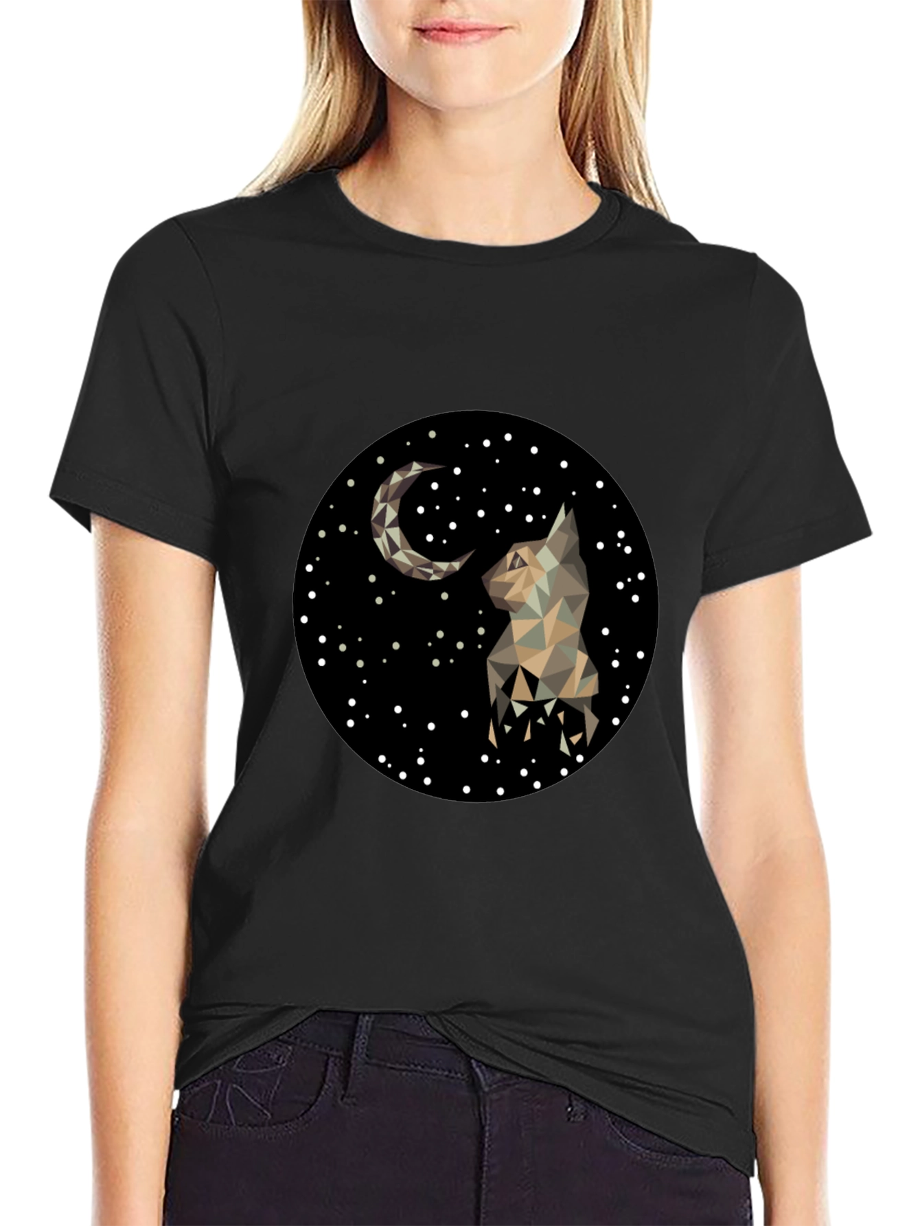 Geometric Cat & Moon Graphic Black T-Shirt