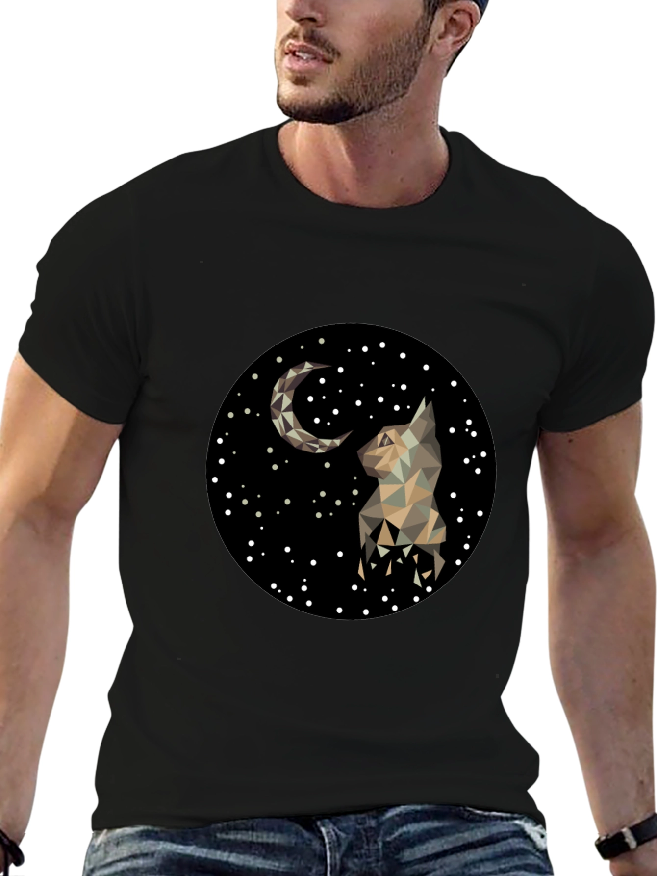 Geometric Cat & Moon Graphic Black T-Shirt
