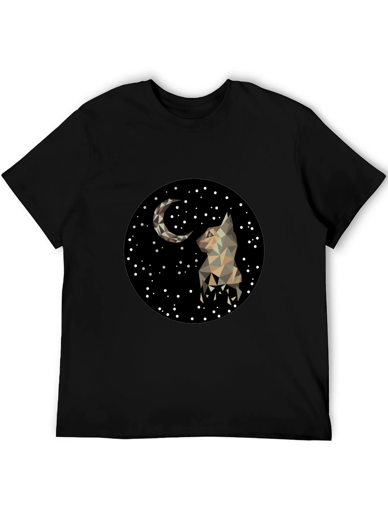 Geometric Cat & Moon Graphic Black T-Shirt