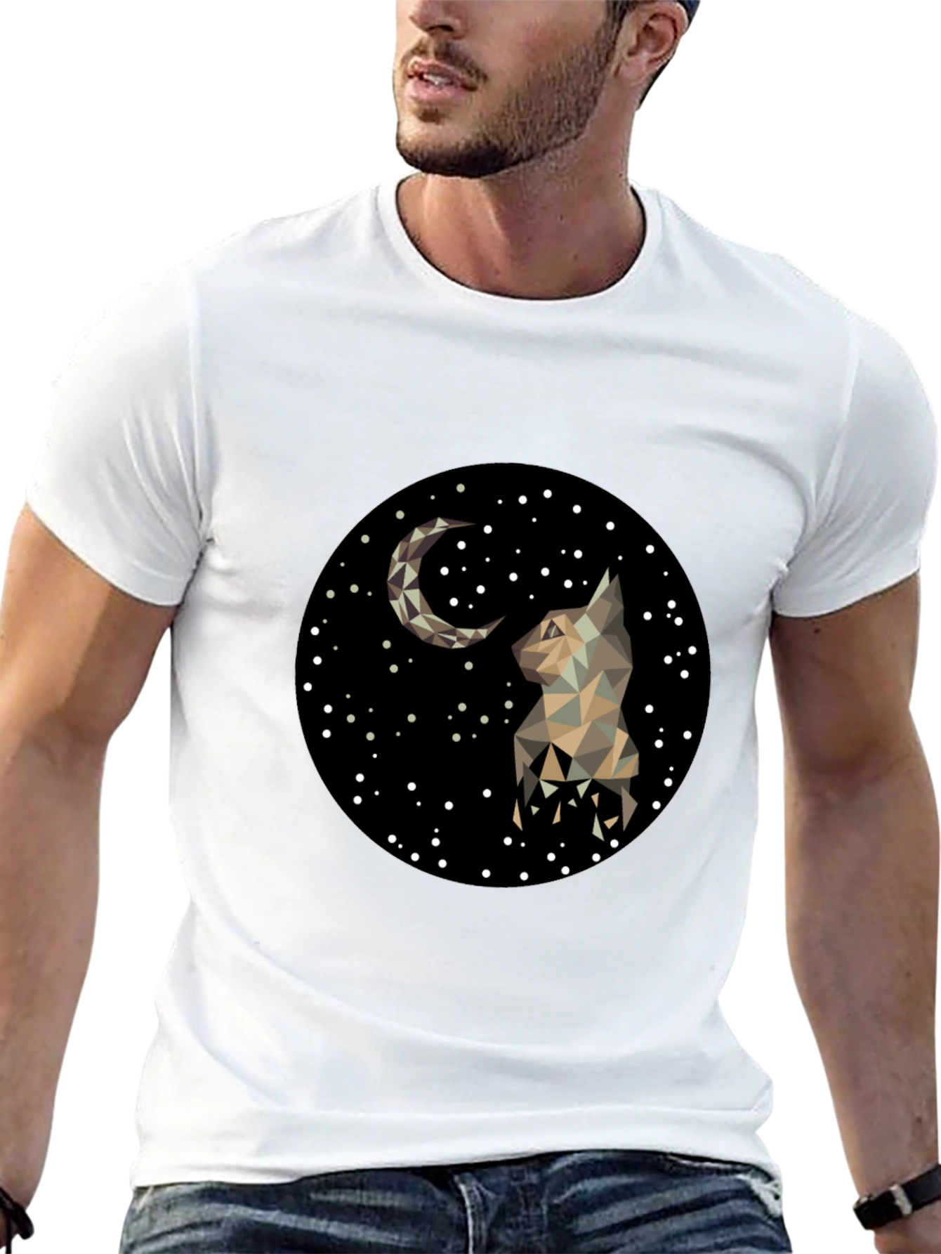 Geometric Cat & Moon Graphic Black T-Shirt