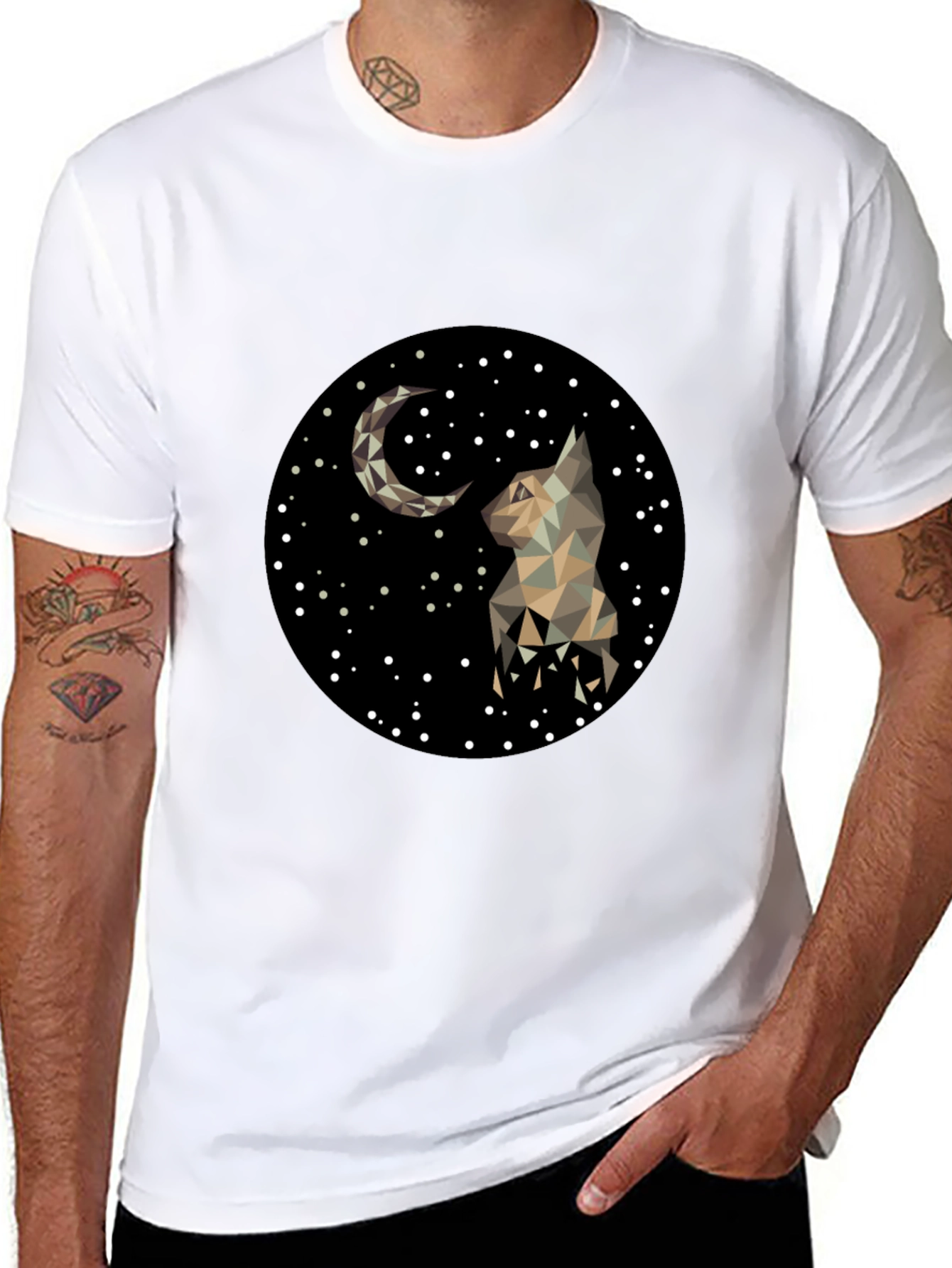 Geometric Cat & Moon Graphic Black T-Shirt