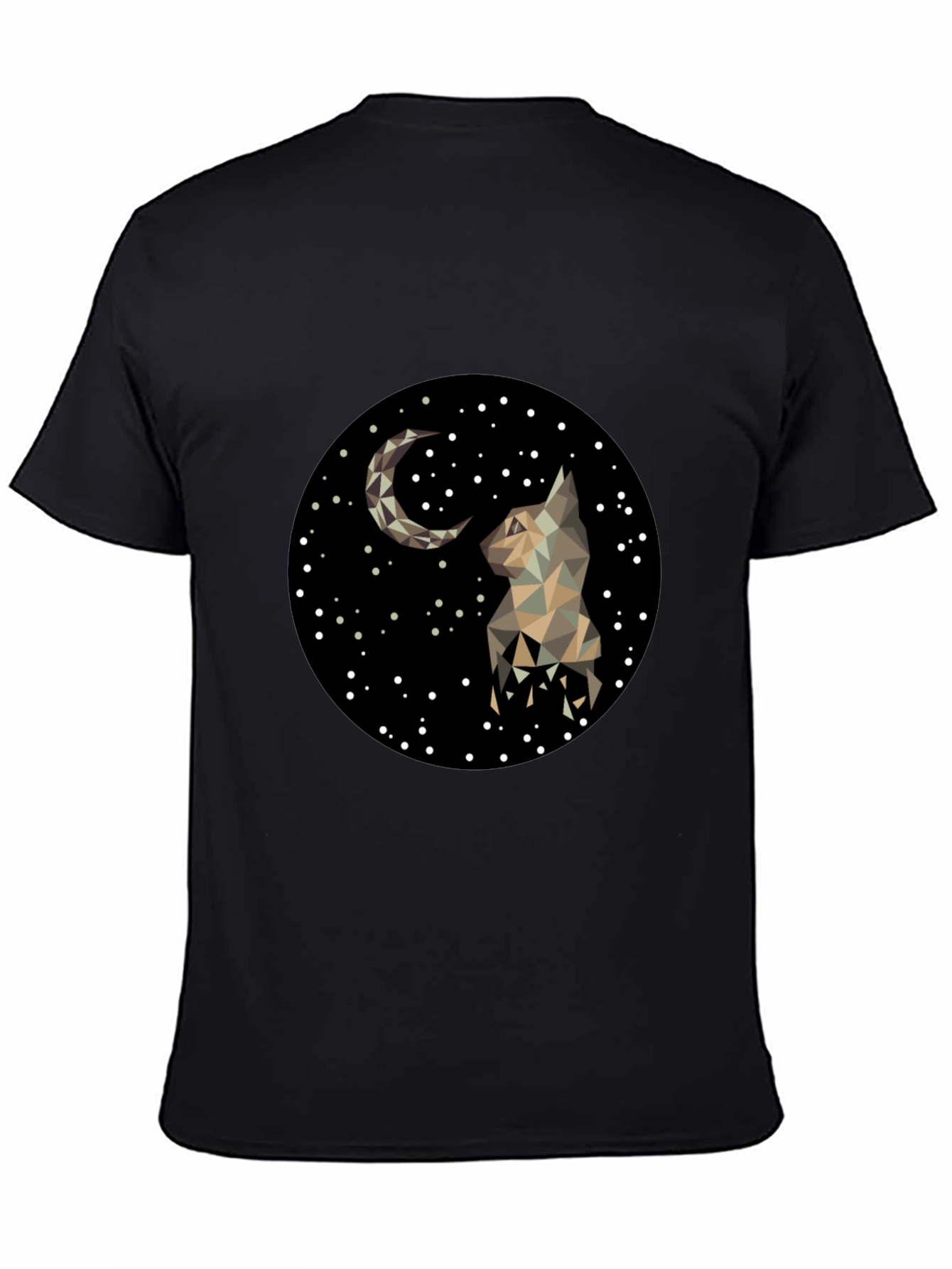 Geometric Cat & Moon Graphic Black T-Shirt