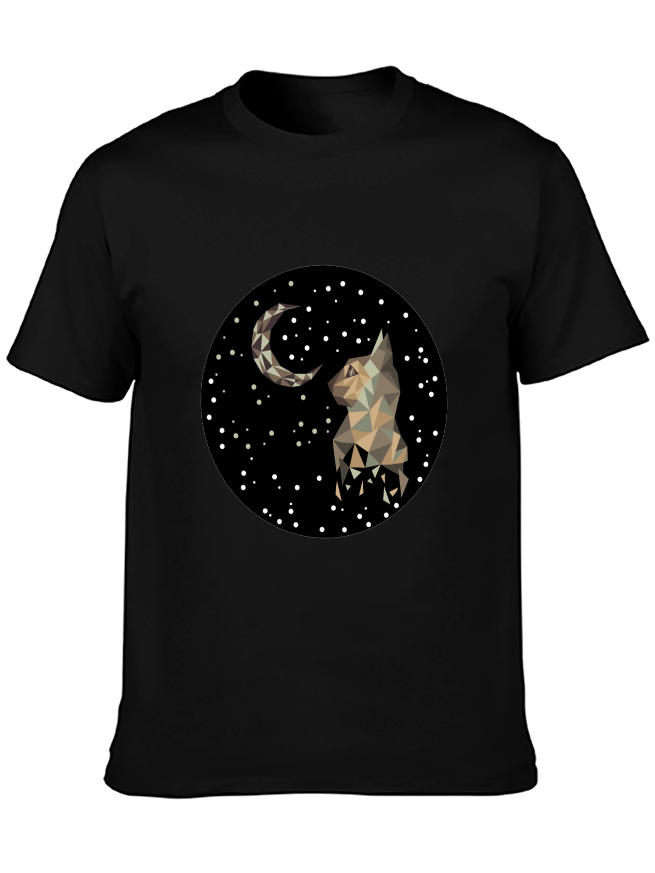 Geometric Cat & Moon Graphic Black T-Shirt