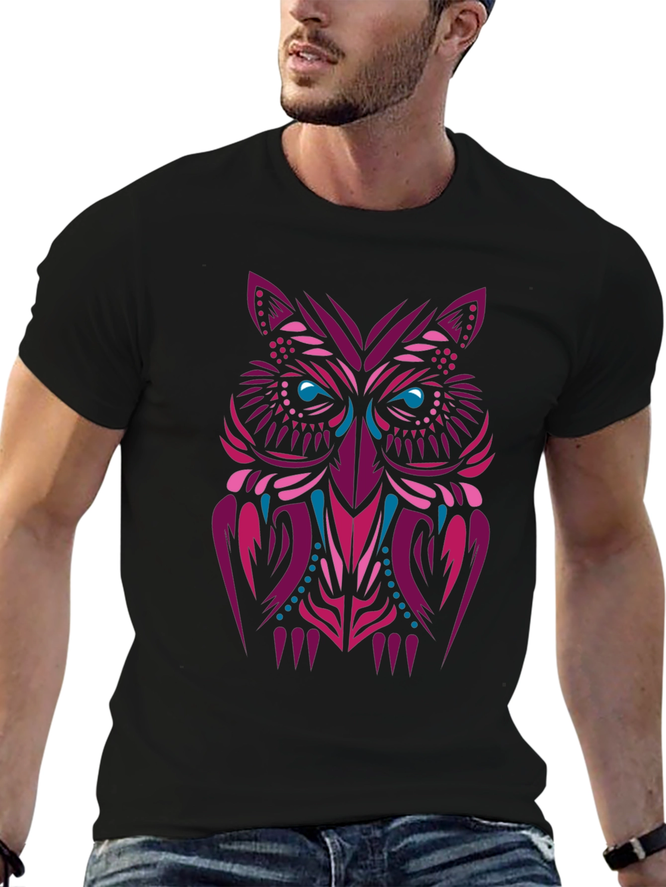 Tribal Owl Graphic Tee - Stylish Mens Black T-Shirt