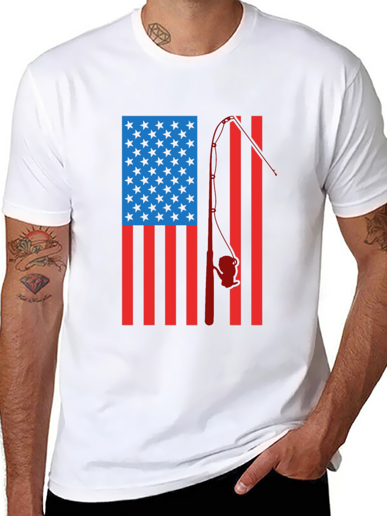American Flag Fishing Rod Graphic T-Shirt