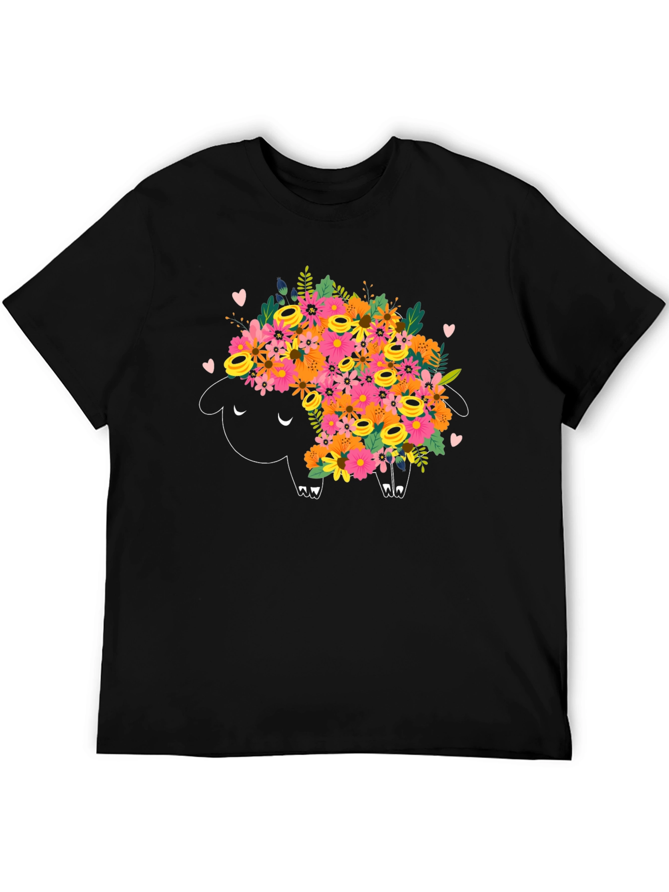 Floral Sheep Graphic Tee - Black Cotton T-Shirt