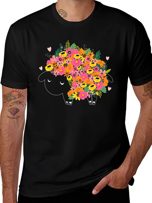 Floral Sheep Graphic Tee - Black Cotton T-Shirt